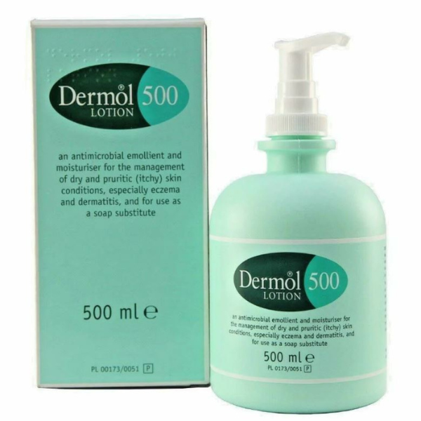 Dermol 500 Lotion Double Pack X2 (500ml) by Dermol: an antimicrobial emollient for eczema and dermatitis relief. Soothes dry, itchy skin. Each bottle has a pump dispenser and contains 500 ml. Box includes two bottles.