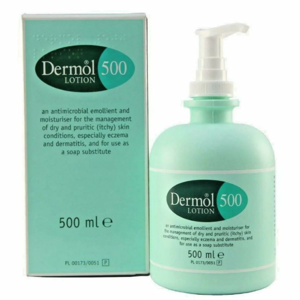 A 500ml pump bottle and box of Dermol 500 Lotion, an antimicrobial emollient by Dermol for eczema and dry skin management. The green bottle with teal label complements the box featuring detailed product information.