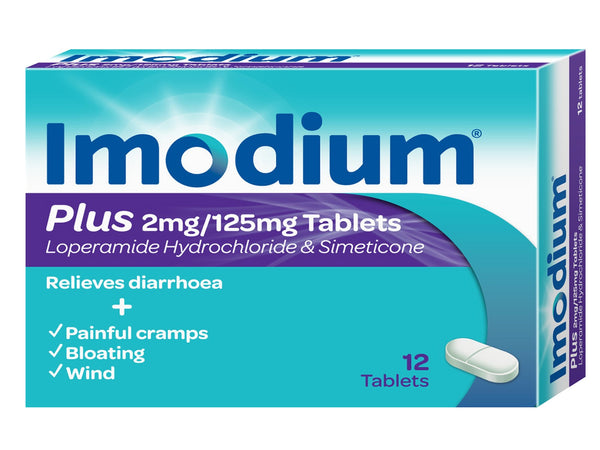 Image of a blue and teal Imodium Plus Cramps box, featuring 12 tablets with 2mg Loperamide Hydrochloride & 125mg Simeticone. Offers relief from diarrhoea, cramps, bloating, and wind—each symptom proudly checkmarked.