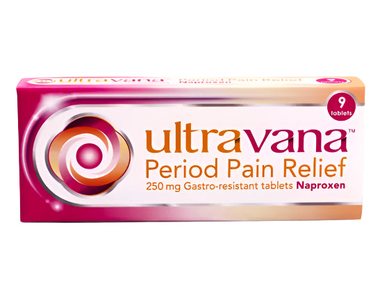 Ultravana Period Pain Relief by Maxwellia, featuring 9 gastro-resistant 250 mg Naproxen tablets in pink and white packaging with a swirl pattern, offers long-lasting relief.