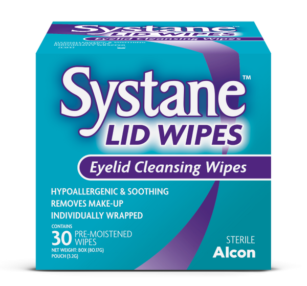 Systane Lid Wipes 30pack features a teal and purple box with hypoallergenic, sterile wipes for gentle eyelid cleansing and effective eye makeup removal. Each soothing wipe is pre-moistened, individually wrapped, and the pack contains 30 wipes.