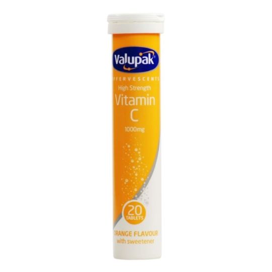 Valupak Vitamin C Orange Effervescent Tabs provide a potent 1000mg dose of Vitamin C, featuring 20 sweetened orange-flavored tablets that create a fizzy drink. The predominantly white and orange packaging includes detailed content information.