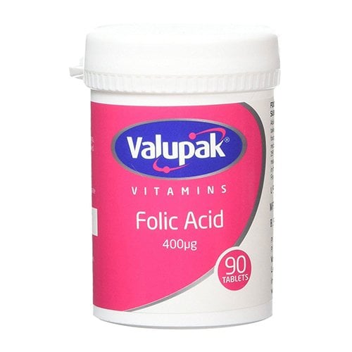 A small white upright bottle with a pink label reading Valupak Folic Acid (90 tabs), enriched with Omega-3 Fatty Acids. The lid is white.