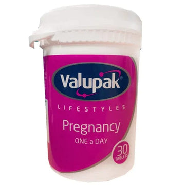 A white bottle of Valupak Supplements Pregnancy One-A-Day tablets includes 30 essential pills with folic acid and vitamin B complex, as shown on its pink and white label, to support a healthy pregnancy.