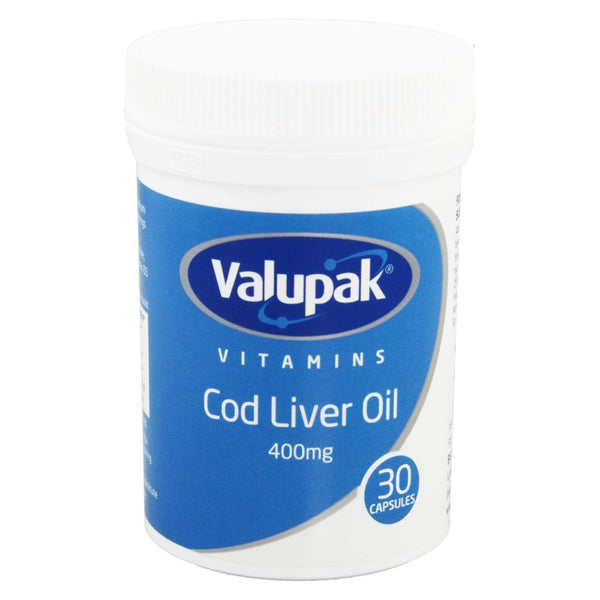 A white plastic container of Valupak Cod Liver Oil 400mg (30s) features a blue and white label with the Valupak logo, emphasizing benefits for joint inflammation.