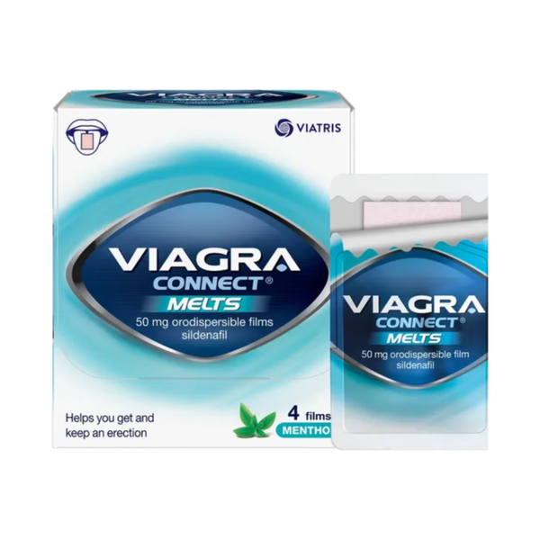 Pfizer Viagra Connect Melts 50mg Sildenafil Orodispersible Films (4 Films), menthol flavor, in blue and white packaging. Helps men get and keep an erection.