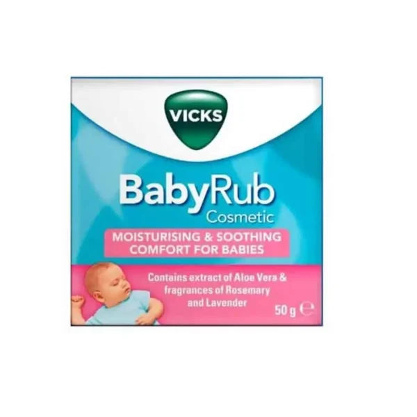 The image shows a 50g Vicks Baby Rub box with teal and pink packaging, featuring a baby and highlighting Aloe Vera extract, with Rosemary and Lavender fragrances for moisturizing soothing comfort.