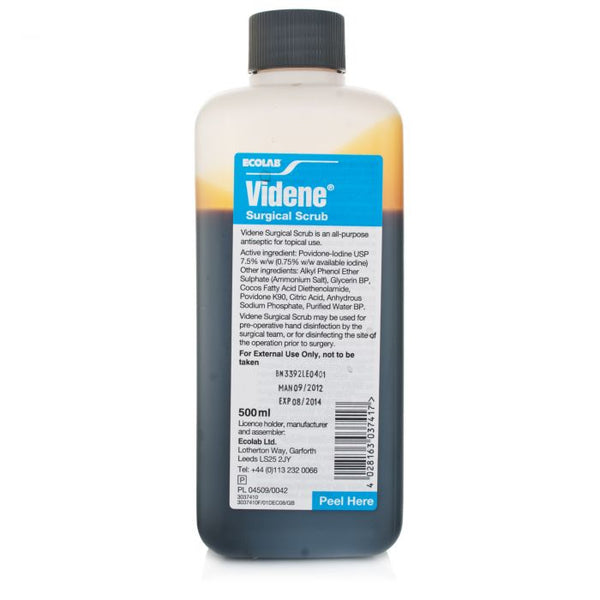 Ecolabs Videne Surgical Scrub 7.5% (500ml) features a blue label with detailed info, clear text, and directions for infection control. The bottle contains dark povidone-iodine liquid and has a black cap.