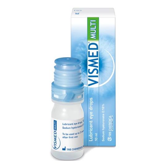 A bottle of VISMED Multi Eye Drops, with blue and white Vismed branding, is perfect for contact lenses. It contains 0.18% sodium hyaluronate in a preservative-free 10 ml formula and should be used within 3 months of opening.