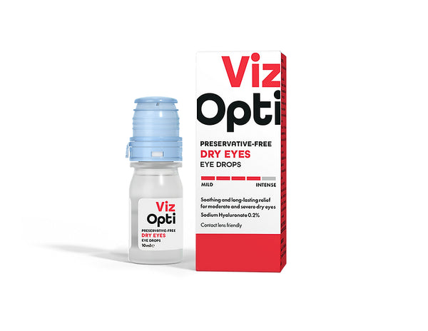 A 10ml bottle of VizOpti Double Action Dry Eyes Eyelid Mist appears beside its white and red box, which highlights preservative-free relief for dry eyes and support for eyelid health.