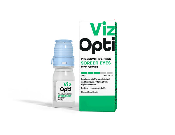 A 10ml bottle of VizOpti Preservative-Free Screen Eyes Eye Drops sits by its box, highlighting soothing relief for dry eyes with sodium hyaluronate and suitability for contact lens wearers.