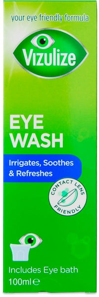 The 100ml Vizulize Eye Wash, with its green and white packaging, features Irrigates, Soothes & Refreshes, and Contact Lens Friendly, including an eye bath. A large eye graphic above the brand name highlights superior eye care.