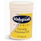 The Valupak Evening Primrose Oil (30s) container, featuring a yellow design, holds 30 capsules known for supporting skin issues and easing menopause symptoms.