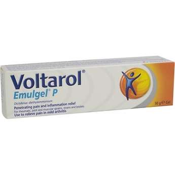 The Voltarol Pain-Eze Emulgel P (30g) packaging displays the Voltarol brand and a stylized figure, emphasizing its use for mild arthritis, muscle pain, and sprains. It contains diclofenac diethylammonium for effective pain relief.