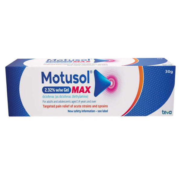 Motusol Max 2.32% Diclofenac Gel (30g) by Motusol provides targeted relief for joint pain from acute strains and sprains in adults and adolescents 14+, containing 2.32% diclofenac.