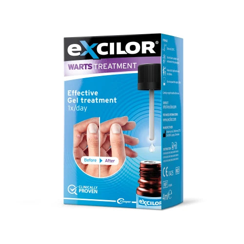 The Excilor Warts & Verruca Gel Treatment promises effective verruca removal. The box front displays Effective Gel Treatment 1x/day alongside a dropper and brown bottle image, with before-and-after skin photos. Its clinically proven to work with salicylic acid.