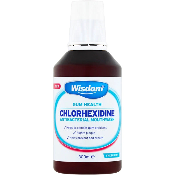 A 300ml bottle of Wisdom Chlorhexidine Mouthwash Mint by Wisdom, designed for oral hygiene—helps fight gum disease, control plaque, and prevent bad breath.