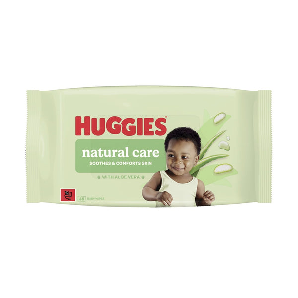 A 48-pack of Huggies Natural Care Plastic Free Baby Wipes, designed for sensitive skin, features cheerful baby imagery and aloe vera illustrations on a light green background.