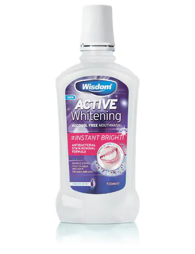 The Wisdom Active Whitening Mouth Wash (500ml) by Wisdom features alcohol-free mouthwash with Active Oxygen, labeled Instant Bright and an Antibacterial Stain Removal Formula, complete with a white cap.