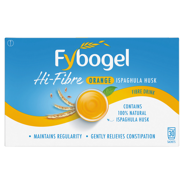 The image shows a box of Fybogel Hi-Fibre Orange - Natural Fibre Drink containing 30 sachets. Its blue and orange packaging with wheat graphics highlights its 100% natural ispaghula husk, designed for maintaining regularity and relieving constipation effectively.