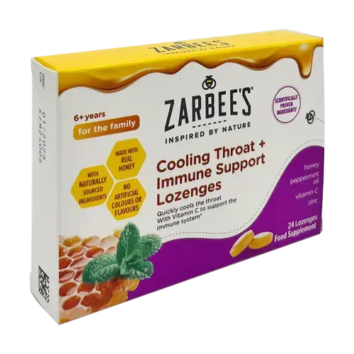 The image shows a box of Zarbees Cooling Throat and Immune Support Lozenges, honey-based and enriched with Vitamin C. Made with natural ingredients like peppermint and zinc, it highlights no artificial colors or flavors for ages 6+, containing 24 lozenges.