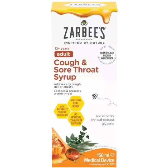 Zarbees Adult Cough & Sore Throat Syrup (150ml) features honey, lemon, and ginger illustrations, emphasizing natural honey and ivy leaf extract with no artificial colors. Suitable for ages 12+, it promises relief for cough and sore throat.