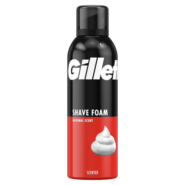 A 200 ml can of Gillette Classic Men's Shaving Foam Regular, featuring Gillette branding and a creamy lather image on the front, offers a smooth shaving experience.