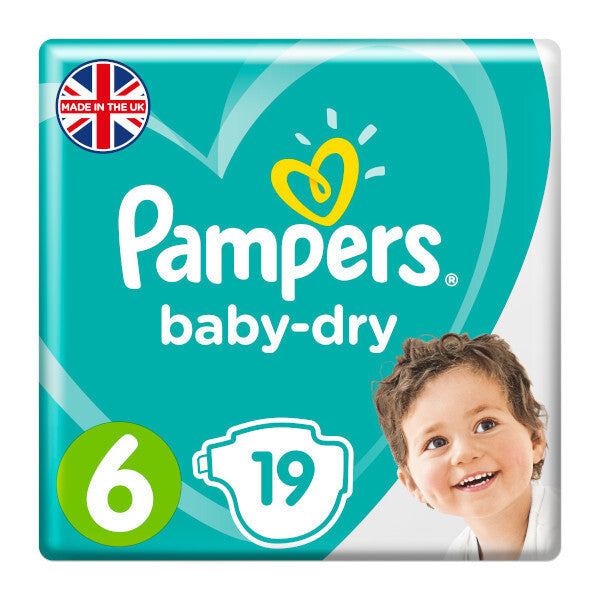 Pampers Baby Dry Nappies 6 XL (19 count) by Pampers come in teal packaging that showcases a smiling baby and a delightful heart motif, with a “Made in the UK” badge displayed at the top left corner.