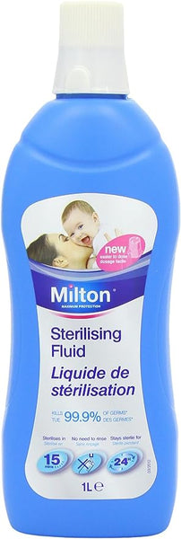 A 1-liter bottle of Milton Sterilising Fluid features a blue label with a smiling baby and an adult. Ideal for disinfecting non-metallic surfaces and baby utensils, it kills 99.9% of germs in 15 minutes and remains effective for 24 hours.