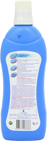 The Milton Sterilising Fluid (1L) in blue with a white cap is perfect for disinfecting non-metallic surfaces and baby utensils. It includes instructions for the cold water method and vital product details on the back label.