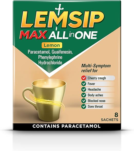 Lemsip All-in-One (8 Sachets) by Miscellaneous offers relief from cold and flu symptoms like chesty cough, fever, and headache. Featuring a steaming mug on the box, it contains paracetamol for effective treatment. Ingredients are listed for comprehensive guidance.