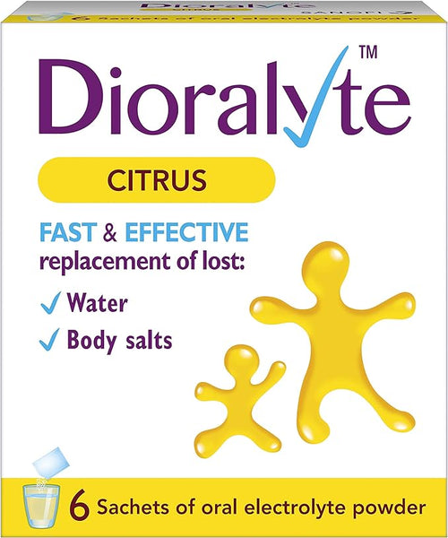 Dioralyte Citrus (6 Sachets) features a purple product name at the top, emphasizing Fast & Effective replacement of lost water & body salts. It includes vibrant images of two yellow figures and offers a citrus-flavored oral electrolyte powder for quick dehydration relief.