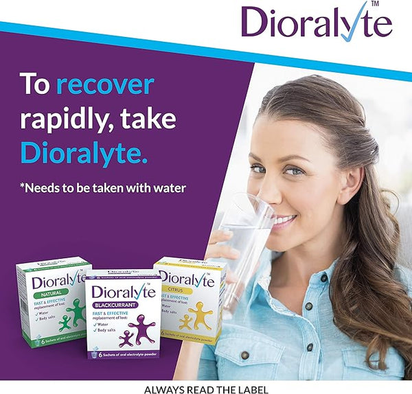 A woman drinks water, holding a glass beside three Dioralyte boxes in natural, blackcurrant, and Citrus flavors. Text reads: For dehydration relief, take Dioralyte. *Needs to be taken with water.