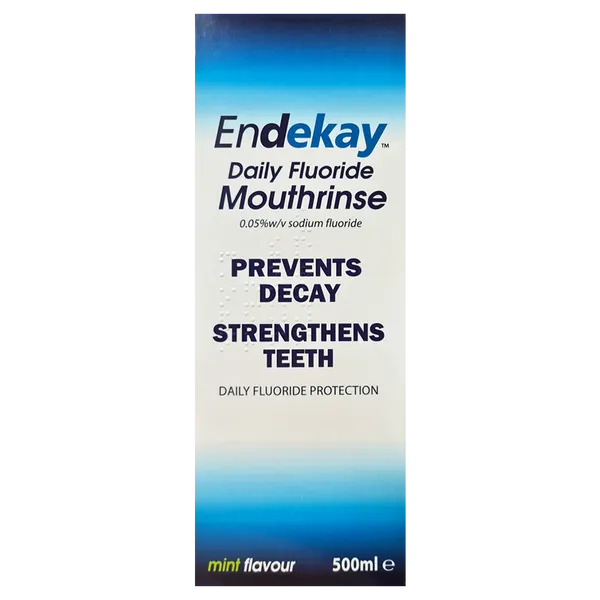 The Endekay Fluoride Mouthrinse Daily (500ml) features a fluoride-rich formula to prevent decay and strengthen enamel. Enjoy the mint flavor in a gradient blue-to-white bottle, enhancing your dental health journey.